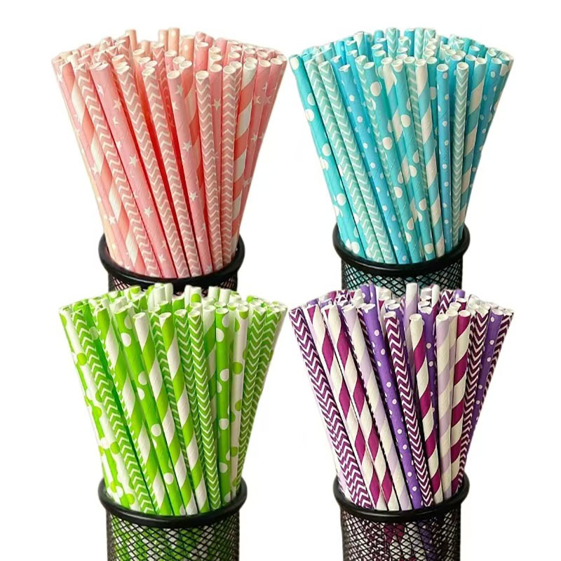 Paper Straw Color - 100 canudos de papel listrados biodegradáveis